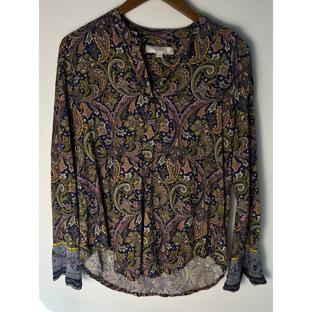 LOFT Paisley Blouse Wm XS Multicolor Long Sleeve Rayon Split Neck Top Boho Artsy